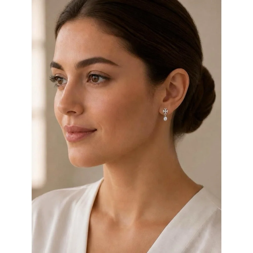 Tory Burch Logo Pearl Drop Down Earrings in Silver / Dustbag Included
